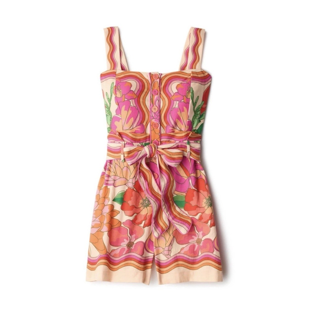 Farm Rio Spring Affair Linen-Blend Floral Belted Square-Neck Romper L Resort